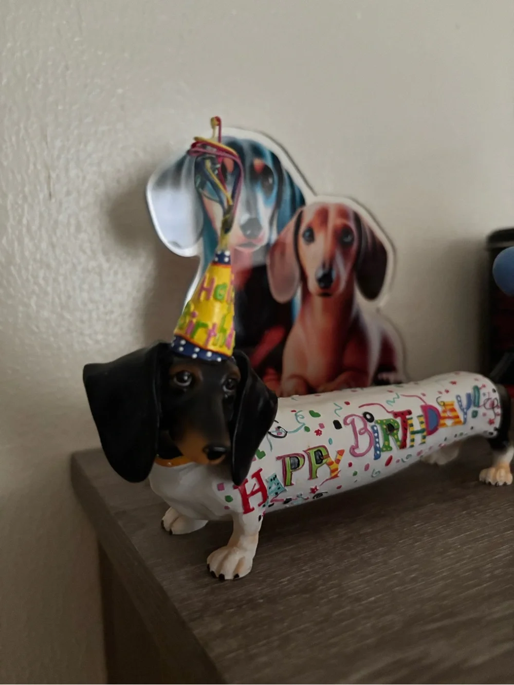 Birthday Dachshund Decorative Figurine - White with Multicolor Print